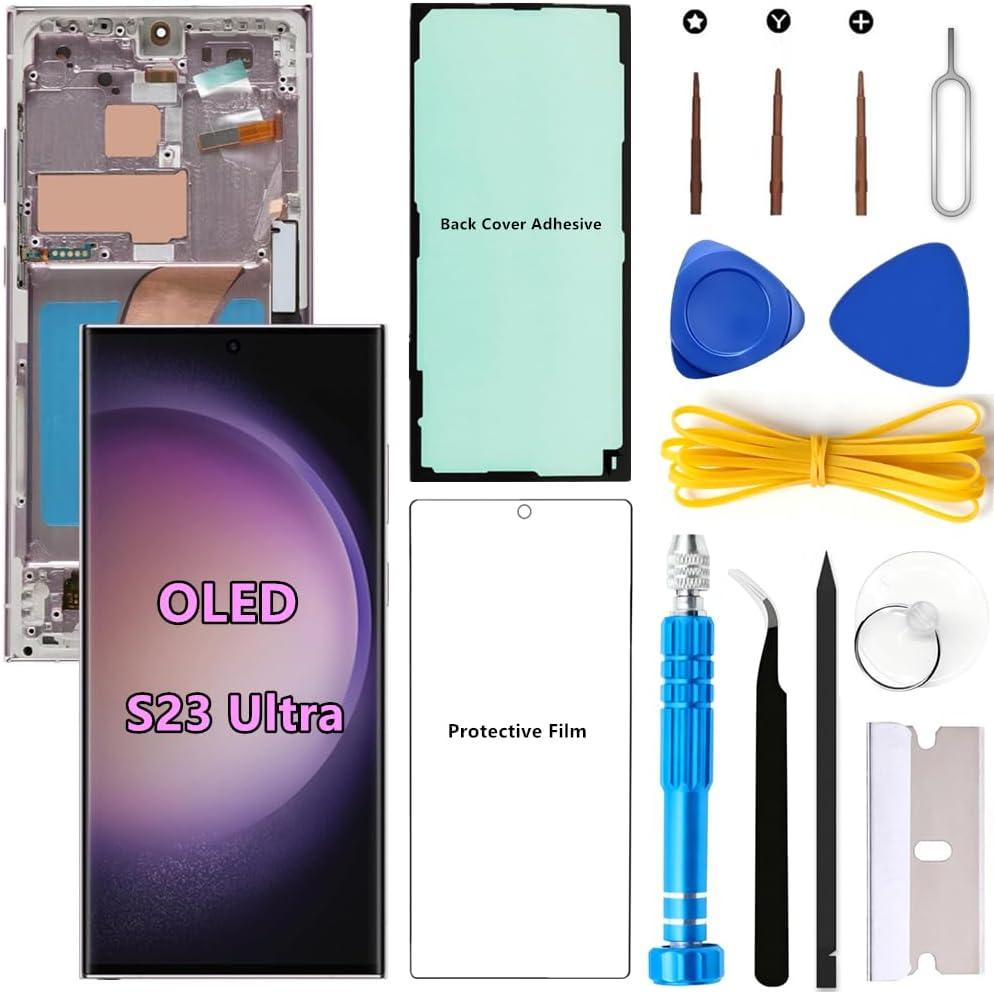 OLED Screen Replacement for Samsung Galaxy S23 Ultra 5G for Samsung S23Ultra SM-S918U SM-S918U1 LCD Display Digitizer Touch Assembly Support Fingerprint S-Pen (Purple Frame+Protector+Adhesive+Tools)