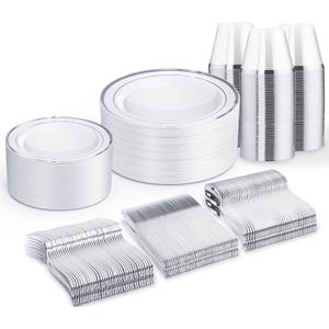 WELLIFE 300 PCS Silver Dinnerware Set for 50 Guests, Silver Plastic Disposable Plates for Party, 50 Dinner Plates, 50 Salad Plates, 50 Cups Forks Knives Spoons for Wedding and Party Anniversary