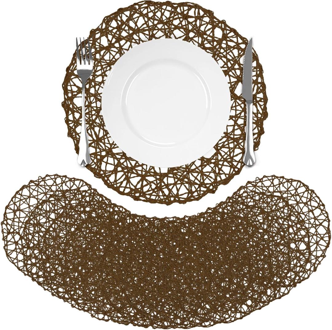 comfoyar Round Paper Braided Placemats Set of 12, 13 Inch Non-Slip Dark Brown Hand Woven Place Mats, Natural Table Mats for Indoor Outdoor Kitchen Dining Party Table Decoration