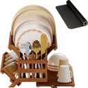 Greenual Teak Dish Drying Rack with Utensil Holder, 3 Tier Collapsible Dish Rack, Wooden Dish Racks for Kitchen Counter, Large Folding Drying Holder with Absorbent Dish Drying Mat