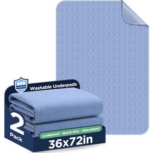 Washable Bed Pads 36" x 72" - 2 Pack, Blue, Waterproof Bed Pads for Incontinence, Bed Wetting Pads for Bed, Sofa, Floor, Resuable Underpads for Adults, Seniors, Pet