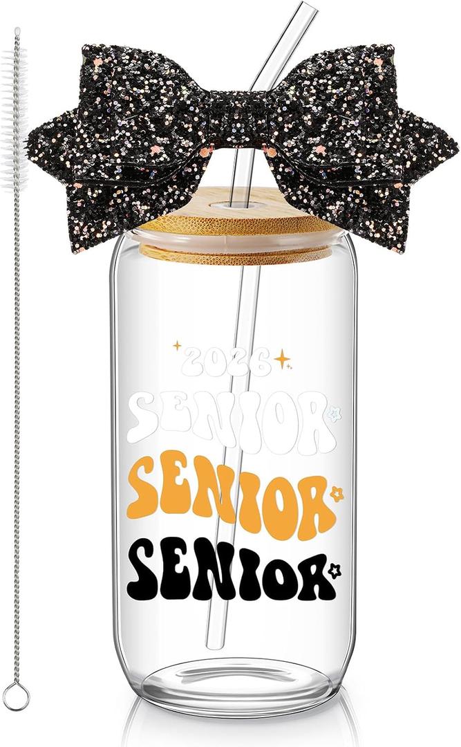 Hushee Class of 2027 Senior Night Gifts 16 oz Glass Water Bottle with Lids Straws Glitter Bow Straw Topper Senior 2027 Tumbler Graduation Gift for Her Women Team Coach Player(Black)