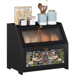 Trironsun Bamboo Bread Box for Kitchen Counter Black Bread Storage Container with Acrylic Door William Morris Flower Bird Design Farmhouse Breadbox Organizer (Black, 2 Layer)