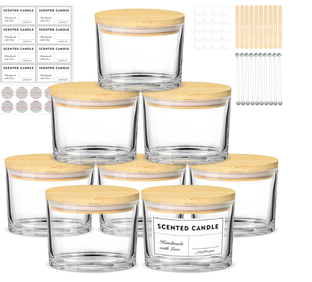 12oz Candle Jars for Making Candles, 8 Pack Large Clear Glass Empty Candle Jars with Bamboo Lids and Wick Kit, Multiple Wicks Wide Mouth Candle Container Bulk, Ideal for Candle Business
