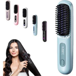 Portable Straightener Brush - GoBrush Pro, Cordless Hair Straightener Brush for Women, Fast Heating Rechargeable Hair Brush, 3-Temperature Settings, Travel-Friendly Design