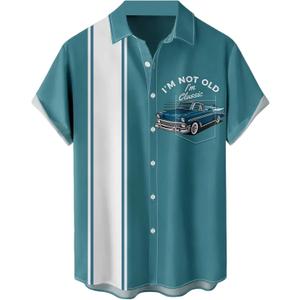 Bowling Shirts for Men Hawaiian Printed Short Sleeve Casual Button Down Beach Shirts (X-Large, Bowling Car Blue)