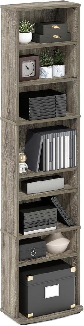 Furinno Jaya DVD Shelf, CD Rack, Media Shelf with Adjustable Shelves, Tall Narrow DVD Storage Cabinets for CD Blueray for Living Room, Home Office, French Oak