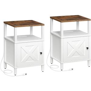 MAHANCRIS Set of 2 Farmhouse Nightstand with Charging Station, White Bedside Table with USB & Type-C Ports, End Table with Storage and Open Shelf, Night Stand for Bedroom, Rustic Brown ETRW96E01S2