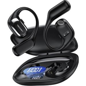 TECKNET Open Ear Headphones, Over the Ear Earbuds with Bluetooth 6.0, Smart Digital Display, 40H Playtime, IPX5 Waterproof, USB-C Fast Charging, Touch Control for Travel, Cycling, Running, Black
