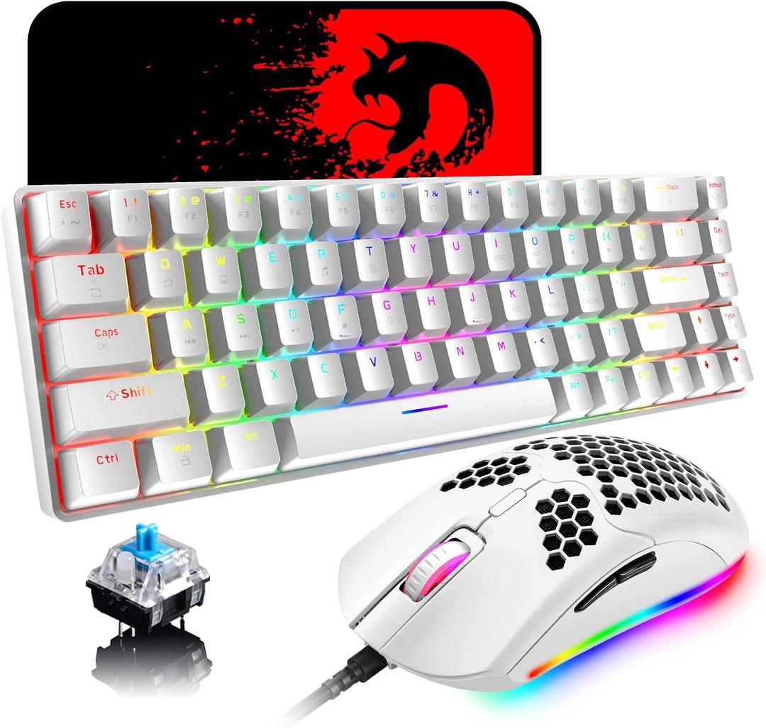 65% Wired Gaming Mechanical Keyboard and Mouse Combo, Mini 68 Keys, RGB Backlight, Lightweight RGB 6400DPI Honeycomb Optical Mouse,Mouse Pad Compatible with PS4,Xbox,PC,Laptop,MAC (White/Blue Switch)