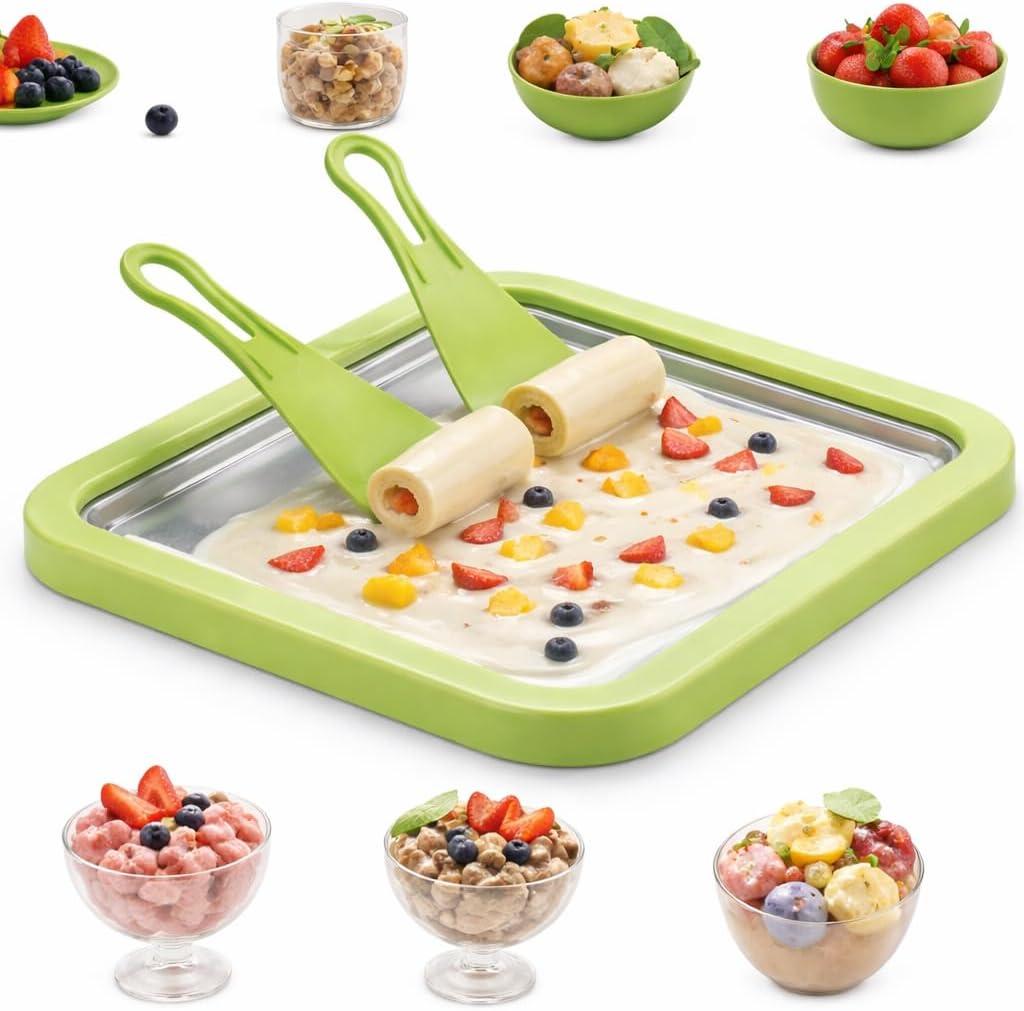 Ice Cream Roller Maker, At Home Rolled Ice Cream Maker Machine, Dairy Free & Frozen Yogurt Maker, Electric Free Countertop Ice Cream Machine with Spade for Rolls, Sorbet & Frozen Yogurt (Green)
