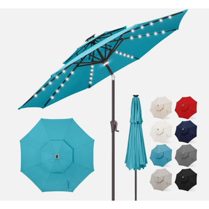 Solar Patio Umbrella 9FT 2 Tiers LED Center Light Aqua Blue FLAME&SHADE Centre