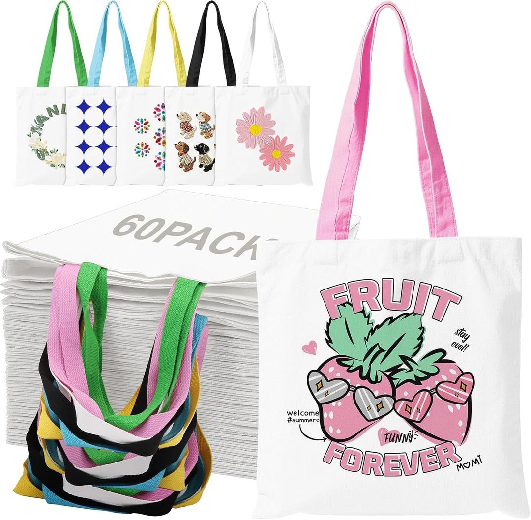 60 Pack Canvas Tote Bag Bulk 13X15 Inch Sublimation Blanks Canvas Tote With Handles for DIY Projects Heat Transfer Vinyl, Personalized Gifts for Women Men, Party Birthday Gift - White