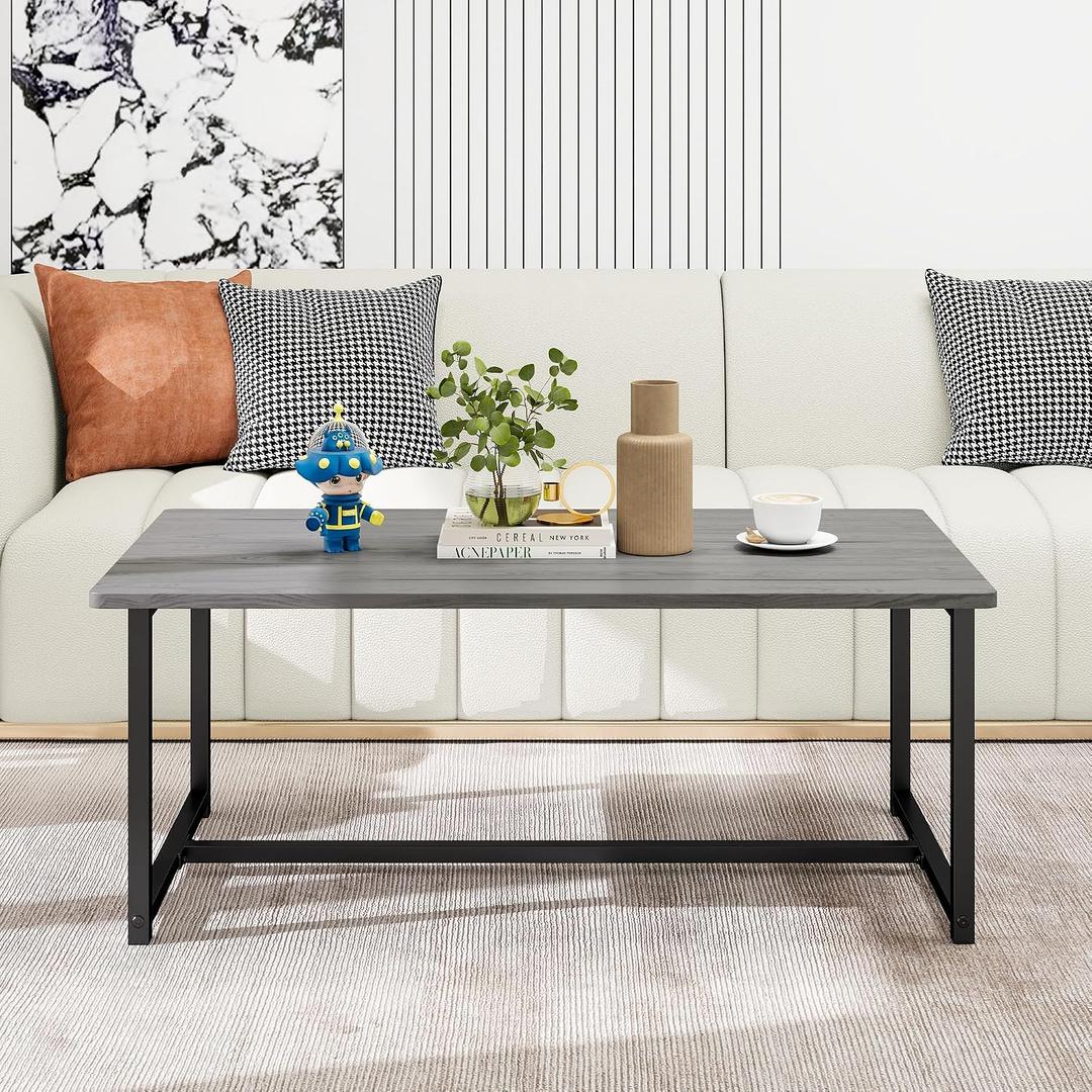 35.4" Rectangular Coffee Table for Living Room, Modern Industrial Style Coffee Table Center Table with Metal Frame for Small Space, Apartment, Office, Easy Assembly, Grey, 17.7"L x 35.4"W x 16.5"H