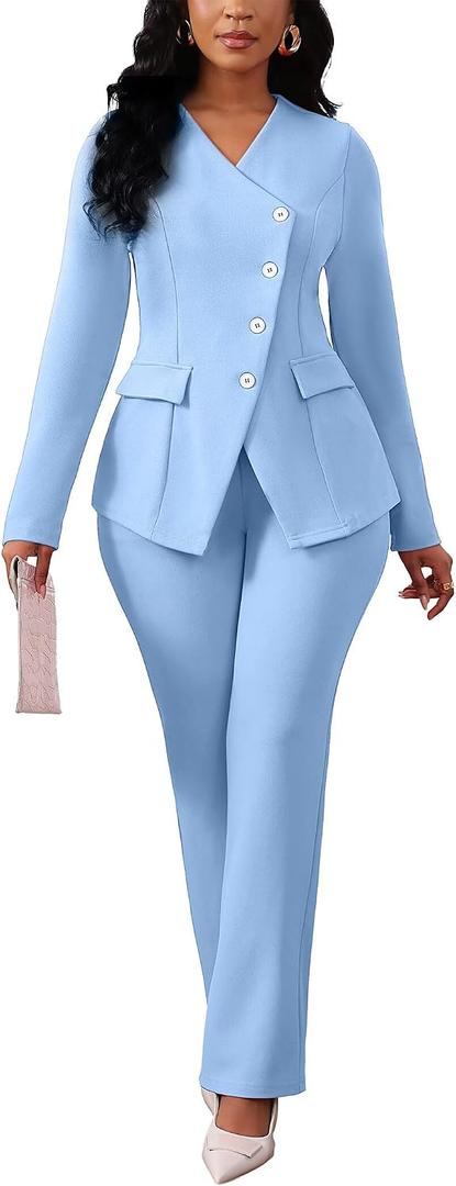 Mintsnow Pant Suits for Women Dressy Long Sleeve Blazer Pants Sets for Work | Business Casual Outfits for Women Soild Color Diagonal Button Blazer Jacket and Wide Leg Pants Suit Sets for Church, XXL
