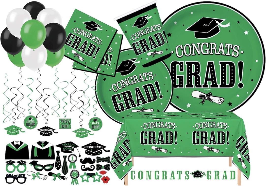 Serves 30 | Complete Party Pack | Congrats Grad Green Party Supplies | 9" Dinner Paper Plates | 7" Dessert Paper Plates | 9 oz Cups | 3 Ply Napkins Beverage and Lunch Napkins | 2 Table Cover | 20 Ph