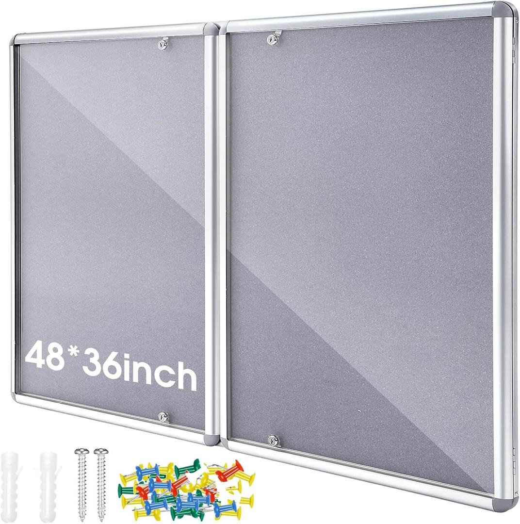 Motipuns 48"x36" Lockable Enclosed Bulletin Board with Glass Door, Weather Resistant Cork Notice Board, Wall Mounted Display Case for School Office Community Outdoor, 12xA4(Gray, Silver Frame)