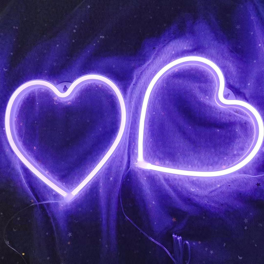 2Pcs Purple Heart Led Neon Night Light Glow Sign Decorative Valentines Day Decorative Love Lamp for Girl Boy Room Wall Decor, Battery Powered Neon Heart Gifts for Wives, 7.8x8.2in