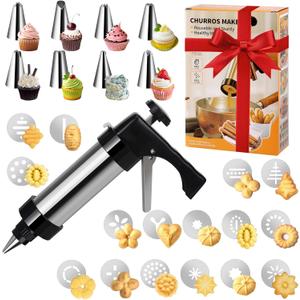 Cookie Press Gun Decorating Kit, 3-in-1Premium Baking Tool Set for Cookie Press and Cake Decorating with 16 Discs, 8 Icing Tips, and Cleaning Brush, DIY Christmas Baking Gift for Women