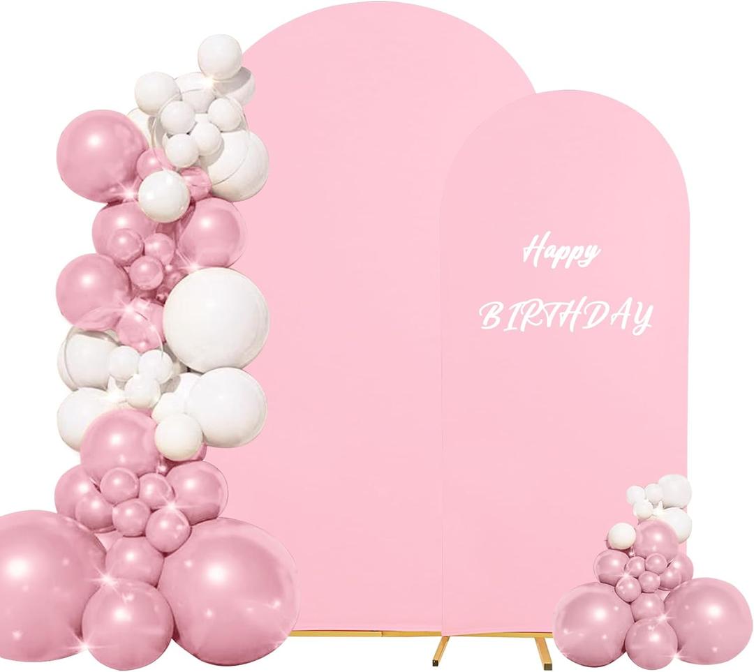 Set of 2 Wedding Arch Cover 2-Sided Round Top Spandex Fitted Arch Backdrop Cover for Birthday Party Baby Shower Wedding Arch Stand Decor7.2FT, 6.6FT, Pink