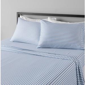Amazon Basics Lightweight Super Soft Easy Care Microfiber 4 Piece Bed Sheet Set With 14-inch Deep Pockets - Queen, Dusty Blue Pinstripe,Printed