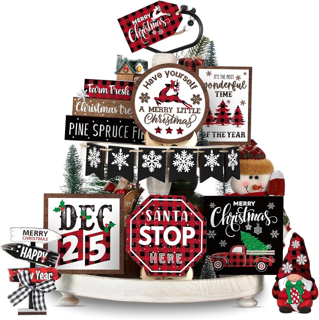 Dandat 15 Pcs Christmas Tiered Tray Decor Red and Black Buffalo Plaid Christmas Decor Merry Snowflake Gnome Truck Wooden Signs Farmhouse for Xmas Winter Home Table Shelf