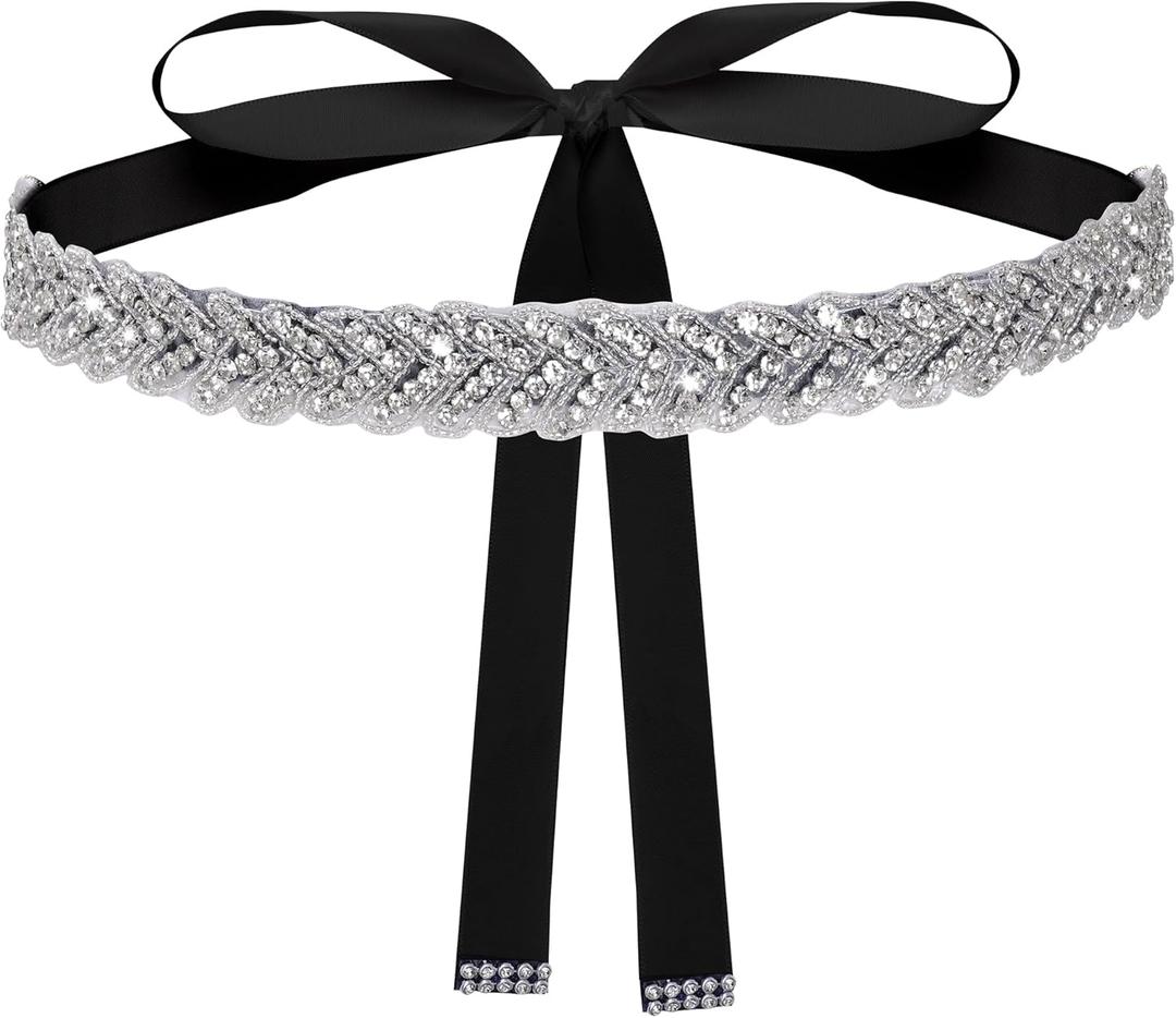 Bridal Rhinestone Wedding Waist Belt for Women Sparkly Belt Wedding Satin Sash for Special Occasion (Black)