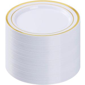 BESTVIP 100PCS Gold Plastic Plates, 10.25 Inch Disposable Dinner Plate Party with Gold Rim for Christmas, Thanksgiving, Heavy Duty Disposable Plastic Plates for Party, Wedding and Birthday, Events