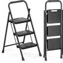 Urackify 3 Step Ladder, Portable Folding Ladder for Multi-Purpose, Home, Kitchen, Heavy Sturdy Steel Step Stool with Handrail, Anti-Slip Wide Pedals, Safe-Lock Design, Pass 500lbs Load Testing, Black