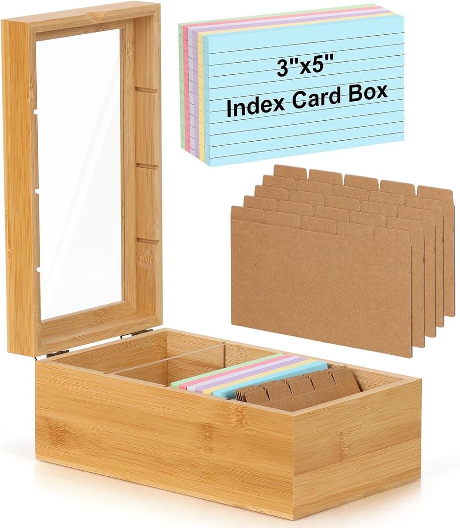 Bamboo Index Card Organizer - 3x5 Index Card Holder Box With Dividers - Wood Recipe Box With Lid - 4 Compartments For 1200 Cards - 5.9"W x 10"D x 4"H