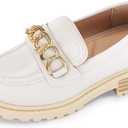 Coutgo Girl's Platform Penny Loafers School Uniform Flats Slip on Round Toe Metal Chain Dress Shoes (2 Little Kid, Beige)