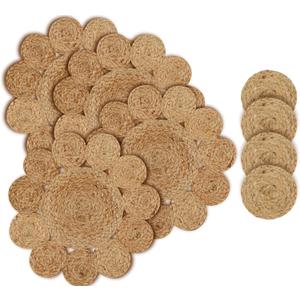 4 Pack Round Jute Woven Placemats and Coasters Set - Cotton Braided Dining Table Mat, Heat-Resistant Pot Holders, 13" Dia Placemats & 4" Dia Coasters - Natural (13" RND/4" RND)