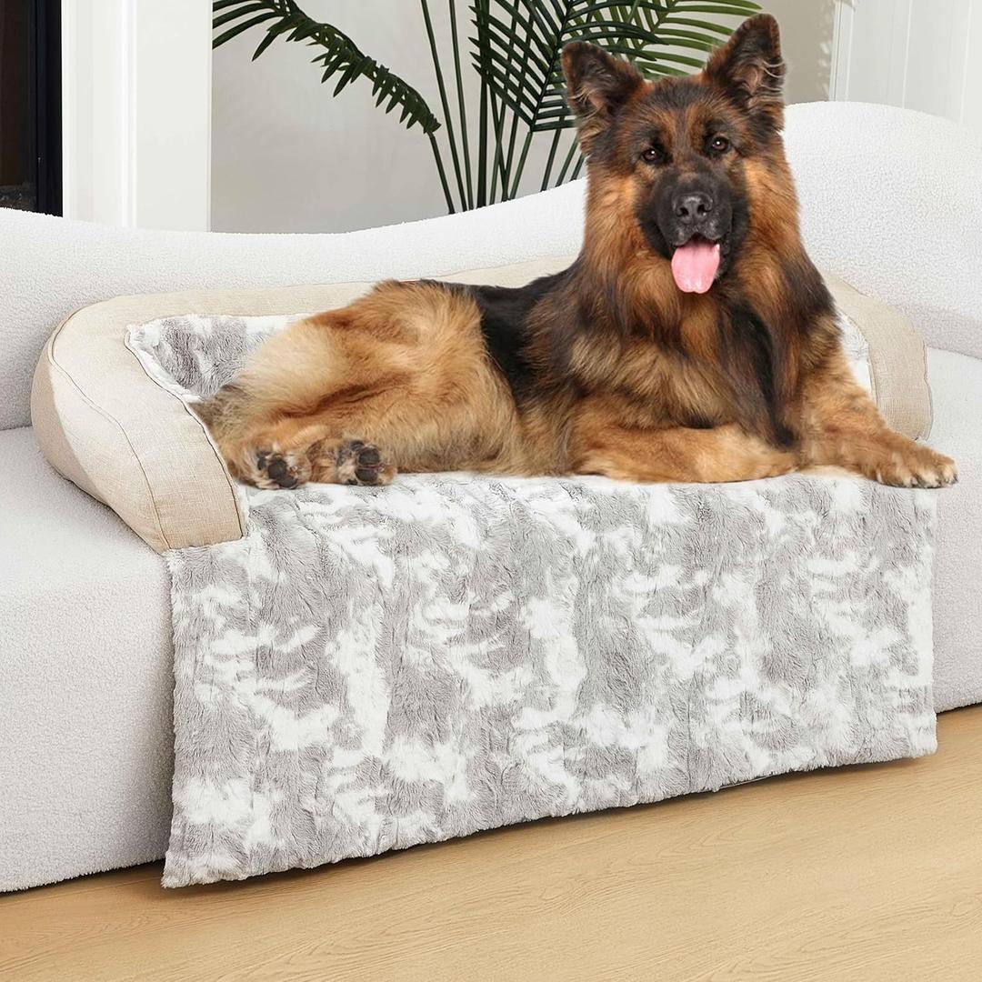 Calming Dog Couch Bed Mat, 45x37 Inch Waterproof Fluffy Sofa Cover, Furniture Protector with Handle, Removable and Washable Pet Bed for Large Dogs and Cats (Beige) (Marble Luxe Beige)