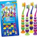 BrightWorks Kids Suction Cup Toothbrushes (10-Pack), Soft Bristles, with Bonus Fun Monster Stickers. Childrens Size, Vibrant, Multiple Colors