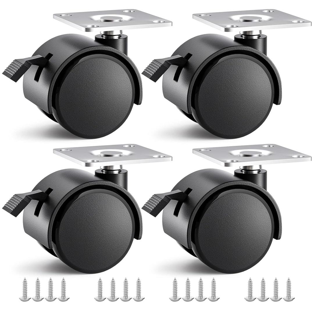 1.5 inch Caster Wheels, Casters Set of 4, Plastic Caster Wheels for Furniture, Plate Swivel Cart Casters with Brakes, File Cabinet Replacement Wheels (4 Pack Black)