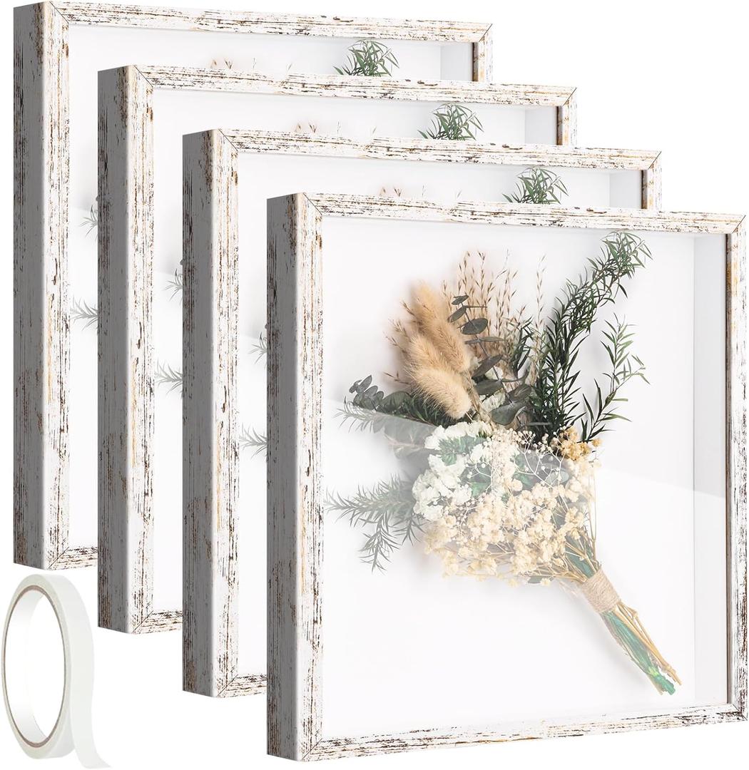 4 Pack 12 x 12 Shadow Box Frame Shadow Boxes Display Cases Memorial Picture Frame 3D Picture Frame with Adhesive Tape for Keepsake Wedding Bouquet Memories Crafts Awards Medals Tickets and Photos (4pcs-distressed White)