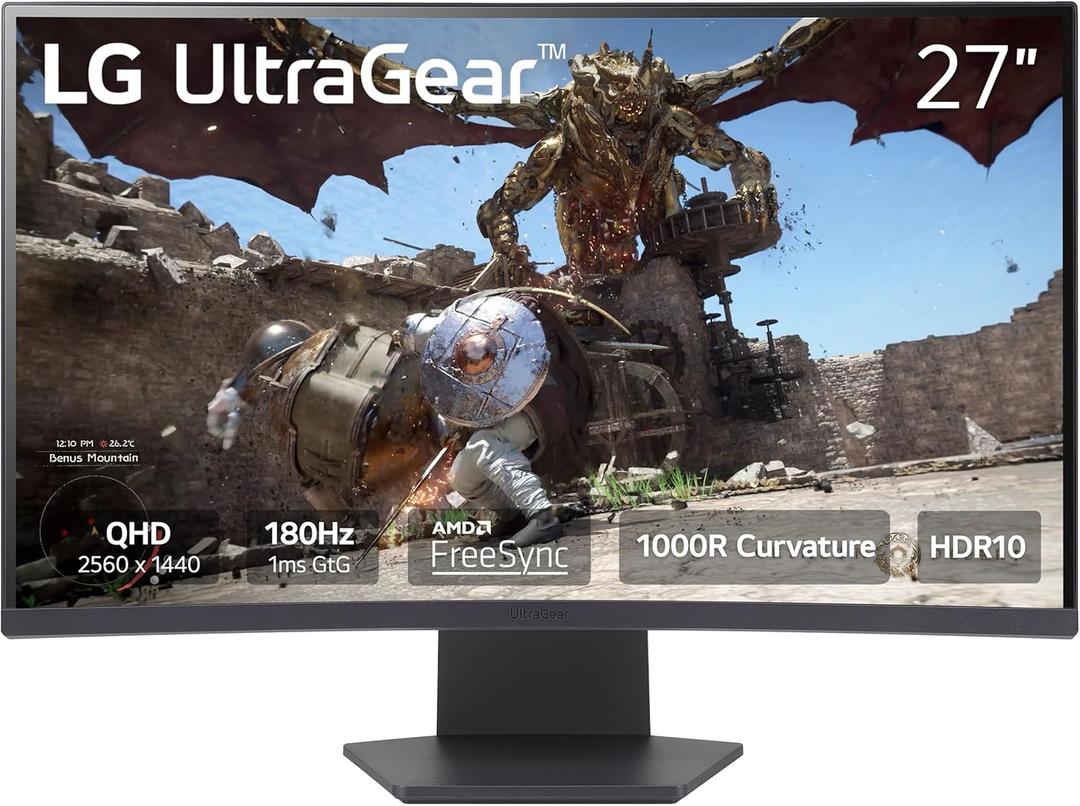 LG 27GS60QC-B Ultragear Curved Gaming Monitor 27-Inch QHD (2560x1440) 180Hz 1ms 1000R AMD Free Sync HDR10 HDMIx2 DisplayPort Borderless Design Black Stabilizer DAS Crosshair FPS Counter