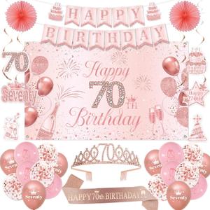 70th Birthday Decorations for Women, 70th Rose Gold Birthday Party Supplies, 70 Years Celebration Kit Including Backdrop, Crown, Sash, banner, Hanging Swirl,Balloons,Paper Fans for Her