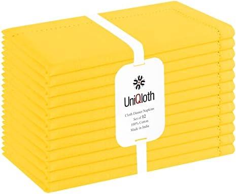 UniQloth Set of 12 Hemstitch Cloth Dinner Napkins Cotton - Soft Durable Washable Reusable - Ideal for Farmhouse Parties Weddings Holidays Hotel Restaurant Daily Use Table Dinner Napkins 18x18 Yellow