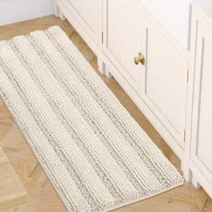 H.VERSAILTEX Bath Rugs for Bathroom Non Slip Bath Mats Extra Thick Chenille Striped Bath Rug Runners 47" x 17" Absorbent Fluffy Soft Shaggy Mats Dry Fast Plush Area Carpet for Bath Room - Ivory