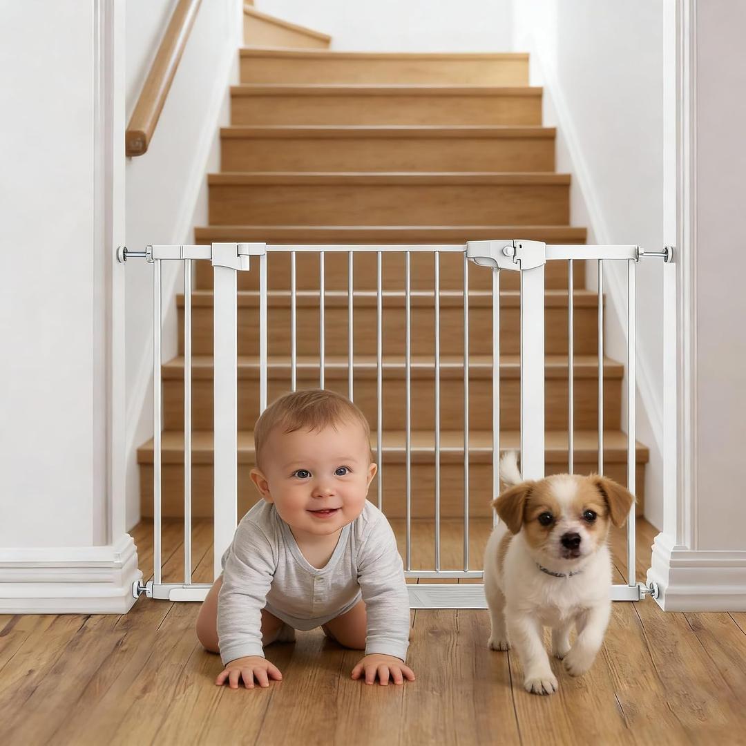 Easy Step Walk-Thru Baby Gate Adjustable Safety Gate for Babies & Pets, Pressure Mount Kit, Includes Wall Cups 29.7-48.8W x 30.5H, Auto-Close White