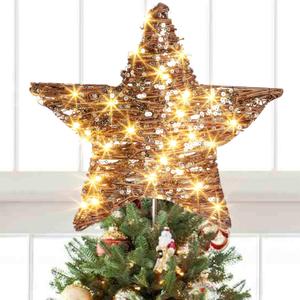 EAMBRITE 13.37 40 LED Christmas Rattan Tree Topper, Indoor Rustic Natural Star Treetop