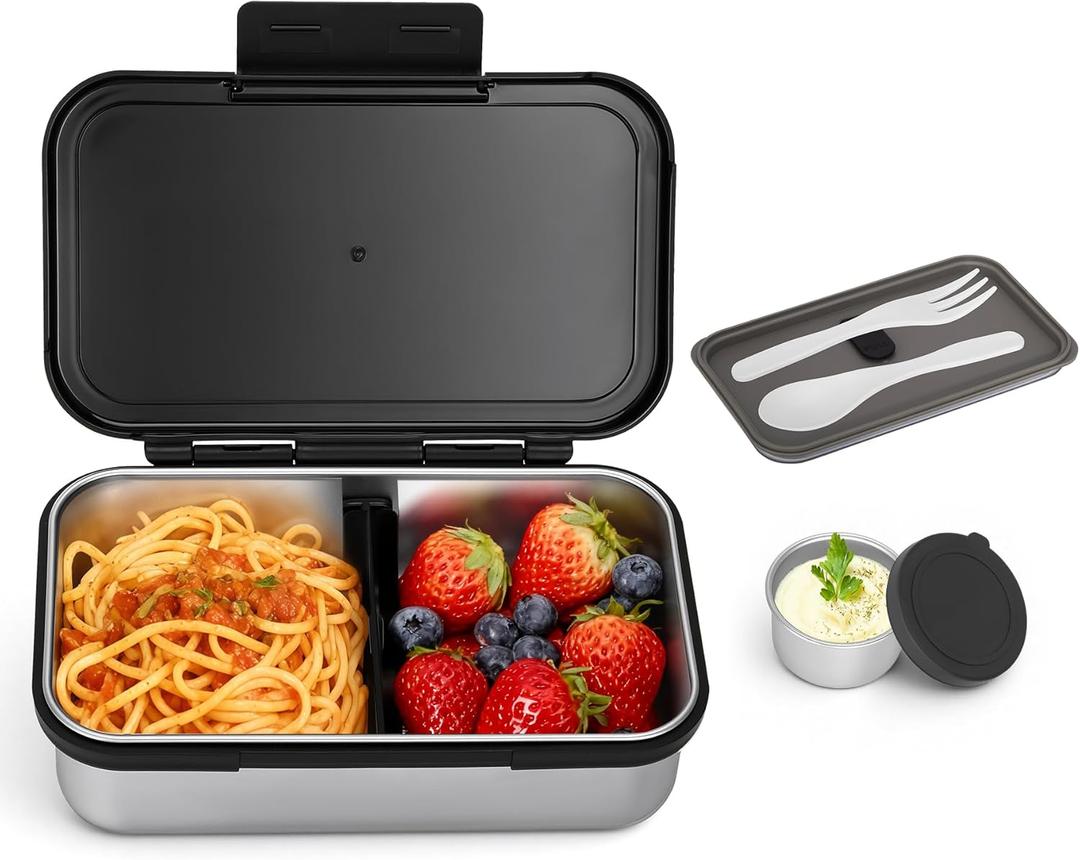 Stainless Steel Lunch Box, Leak-Proof Metal Bento Box with Adjustable Divider, Lunch Container for School Office Picnics & Travel, Microwave-Safe, Black
