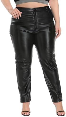 HDE Women's Plus Size Faux Leather Pants High Waist Straight Leg Pant w/Pockets, Black, 3XL
