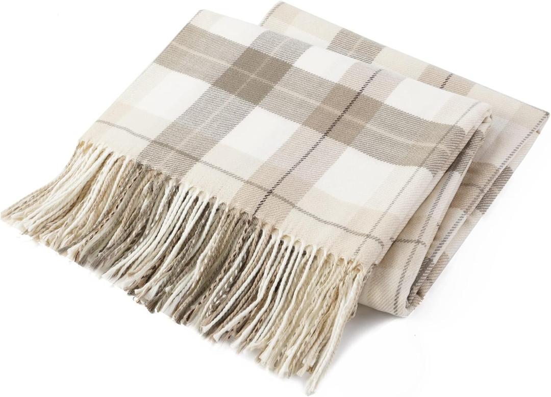 BATTILO HOME Fall Plaid Throw Blanket for Couch, Farmhouse Checkered Decor Throw, Lightweight Beige Throw Blankets for Bed Sofa Neutral Fall Decor, 49"x63"
