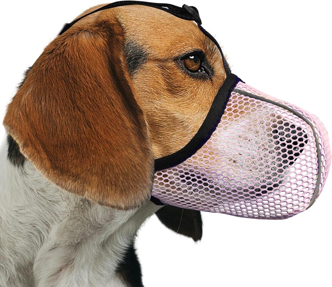 Pink Dog Muzzle, Breathable Soft for Small to Medium Dogs to Anti & Prevent Barking Biting Chewing, Reflective & Adjustable Basket Muzzle with Air Mesh for Schnauzer Pink M