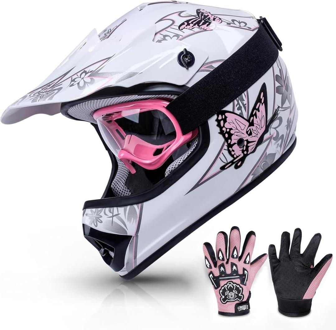 TCMT DOT Youth Kids Dirt Bike Helmet Youth Motocross Helmet Full Face ATV Four Wheeler Motorcycle BMX Helmet for Boys Girls, Off-Road Protective Gear with Goggles Gloves New (Pattern: Pink Butterfly)