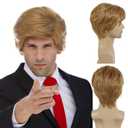 GNIMEGIL Funny Wigs for Adults Halloween Costume for Men Pixie Cut Wig with Bangs Famous People Costumes for Adult Unisex Celebrity Wigs for Cosplay (Blonde)