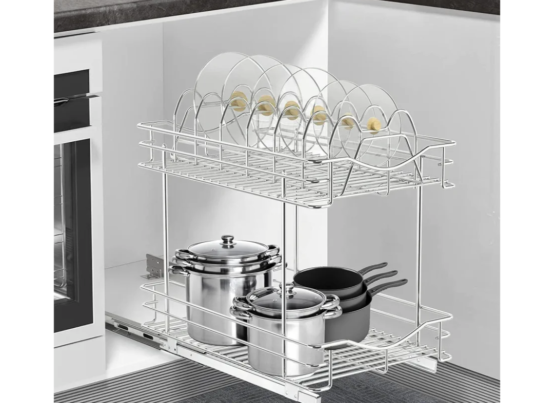 FULGENTE Pull Out Cabinet Pots and Pans Organizer 11" W x 18" D 2 Tier Wire Basket for Lid Cookware Drawer Slide Out Kitchen Cupboard Organization Shelves Shelf for Pantry Roll Out Storage, Chrome