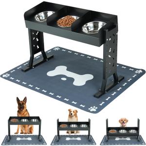 Elevated Dog Bowls for Large Breeds, Triple Dog Bowl Stand with 3 Stainless Steel Bowls, Adjustable Raised Dog Feeding Station, Slow Feeder Anti-Gulping Design, Heavy Duty